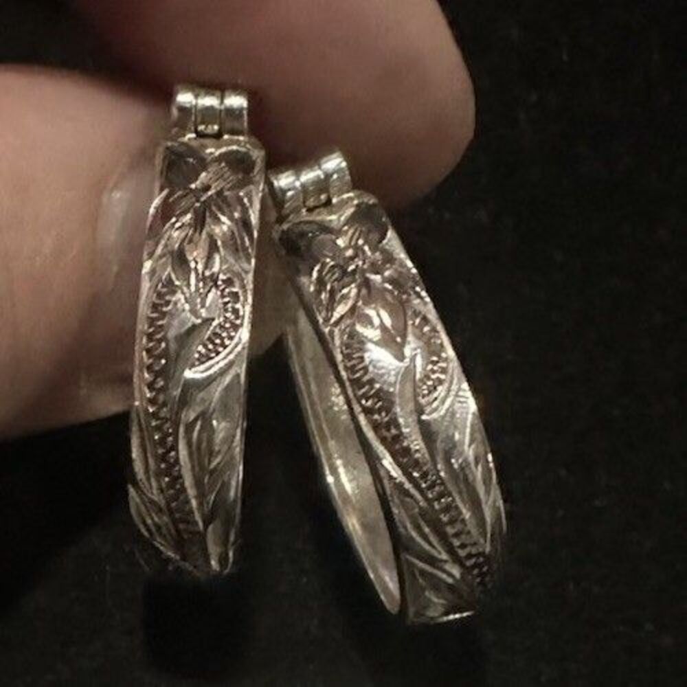Handmade Vintage Tooled Floral Sterling Silver Western Earrings Hoops SW